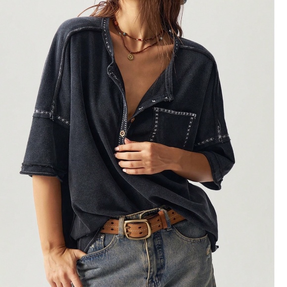 Solid Mineral Wash Reverse Stitch 1/2 button Short sleeve Top - Picture 2 of 5